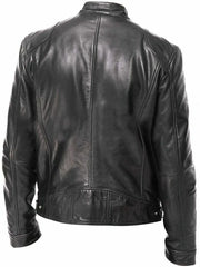 Men's Full Size Leather Biker Jacket in Blue, model styling view