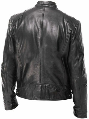 Men's Full Size Leather Biker Jacket in Blue, model styling view
