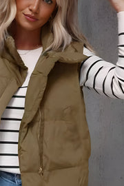 Padded stand collar vest in olive brown with a front zipper closure.