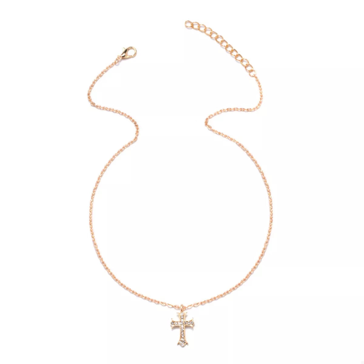 Gold rhinestone cross pendant necklace with delicate chain