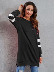 Black sweatshirt dress with varsity stripes on sleeves, crew neck, long sleeves, polyester