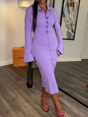 Button Front Long Sleeve Midi Dress in Lavender Purple, front view