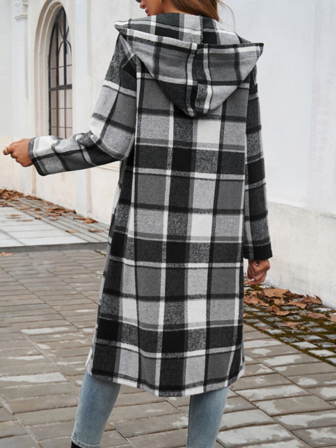 Checked plaid hooded duster coat in dark gray with a longline cut and casual styling.