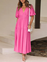 Elegant Puff Sleeve V-neck Midi Dress
