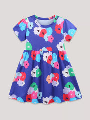 Toddler A-line dress in blue with a colorful floral print, short sleeves, and round neckline.
