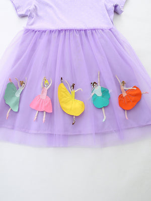 Lavender tulle dress with embroidered ballerinas in colorful tutus.