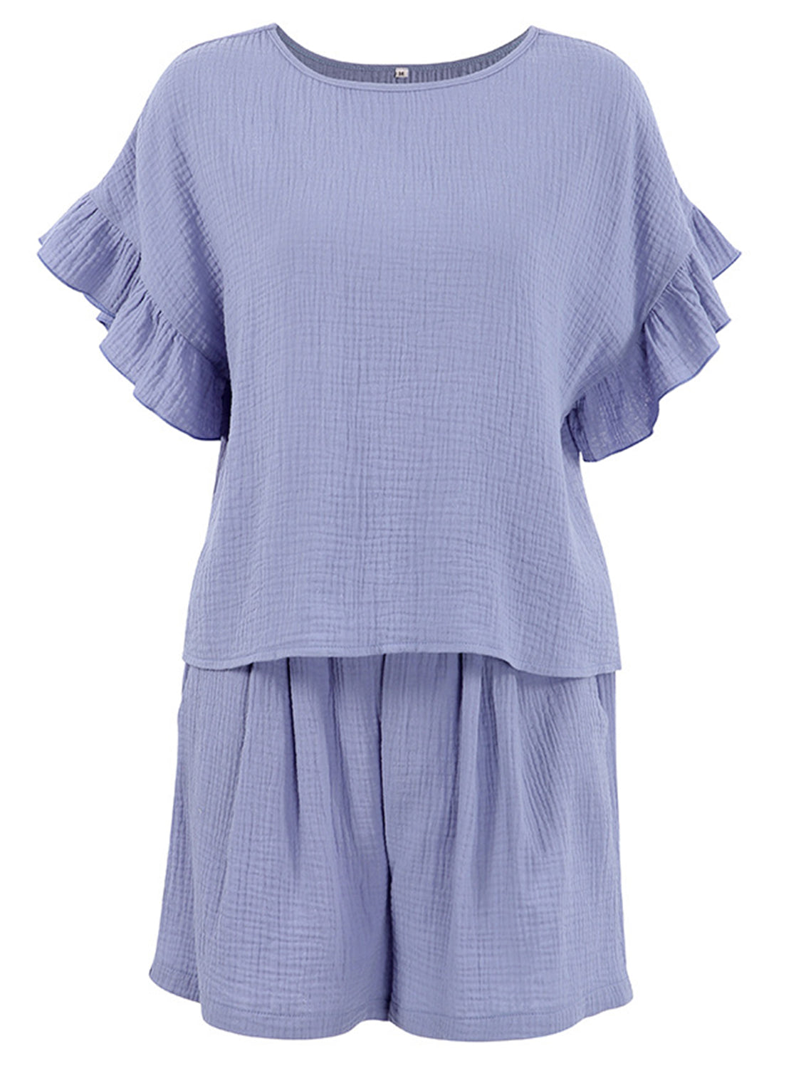 Blue purple textured gauze co-ord set with ruffle sleeves and elastic waist shorts.