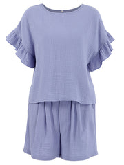 Blue purple textured gauze co-ord set with ruffle sleeves and elastic waist shorts.