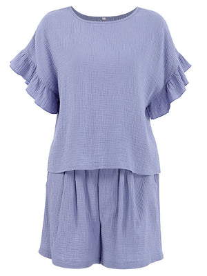 Blue purple textured gauze co-ord set with ruffle sleeves and elastic waist shorts.