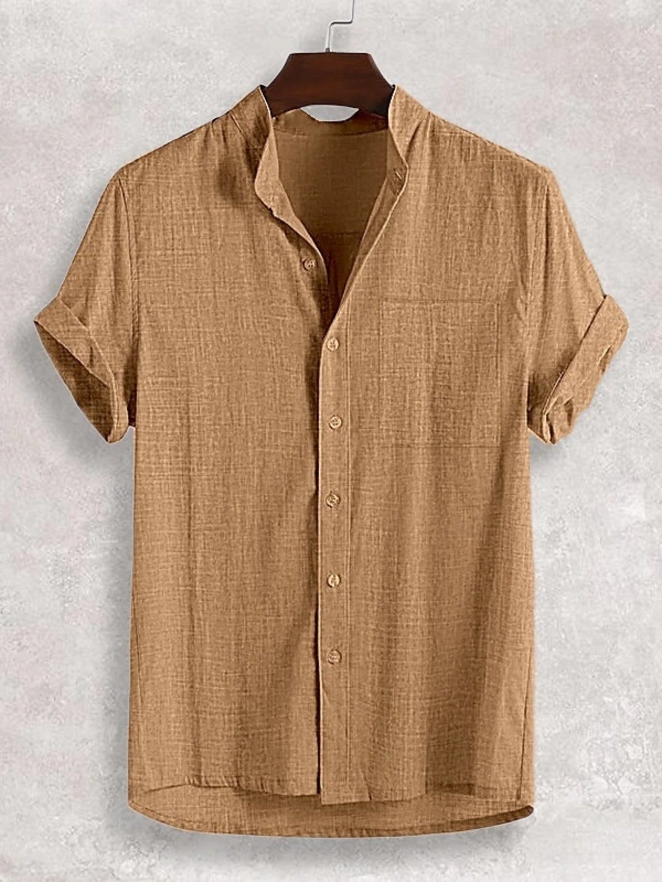 Textured band collar casual shirt in taupe with short sleeves and a button front.
