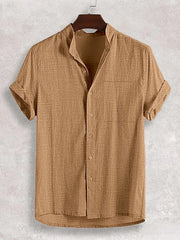 Textured band collar casual shirt in taupe with short sleeves and a button front.