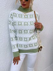 Alpine Fair Isle Mock Neck Pullover in Matcha Green with snowflake pattern and ribbed trim.