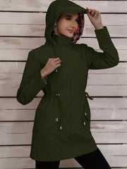 Military green drawstring trench coat with plaid lining and hood.