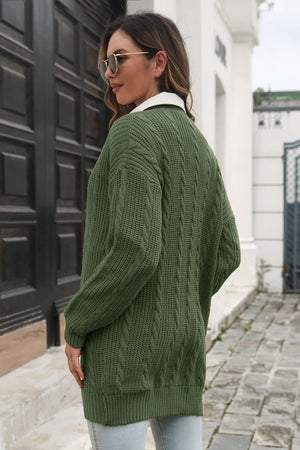 Army green cable knit longline cardigan with a relaxed fit and classic cable details.
