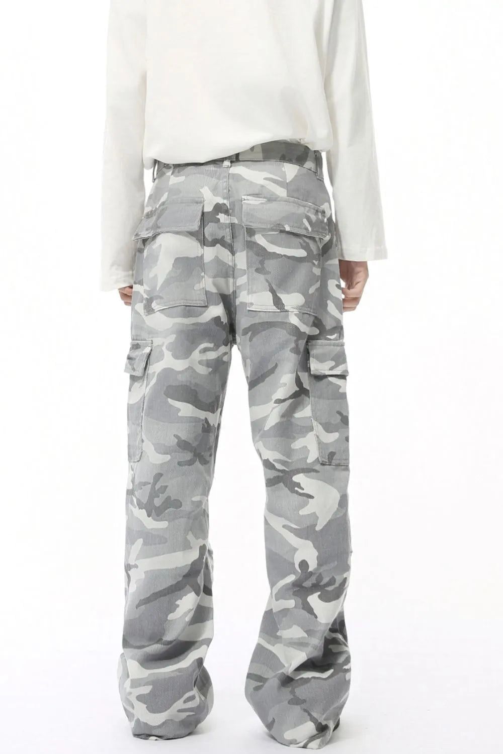 Gray camouflage cargo pants with multiple pockets