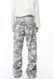 Gray camouflage cargo pants with multiple pockets