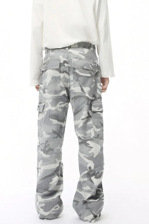 Gray camouflage cargo pants with multiple pockets
