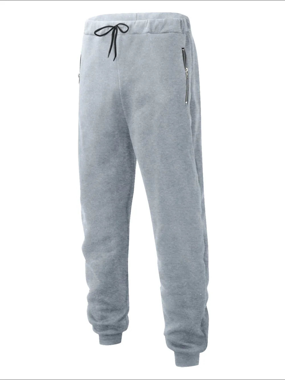 Gray fleece joggers with drawstring waist and zip pockets