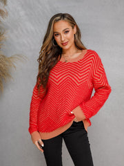 Red and caramel chevron fluffy knit sweater with crew neck.