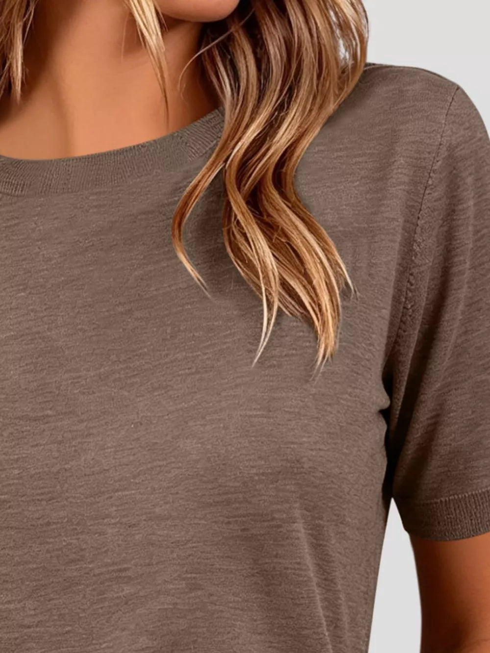 Classic Crew Neck Short Sleeve Knit Top in Dark Brown, view 20