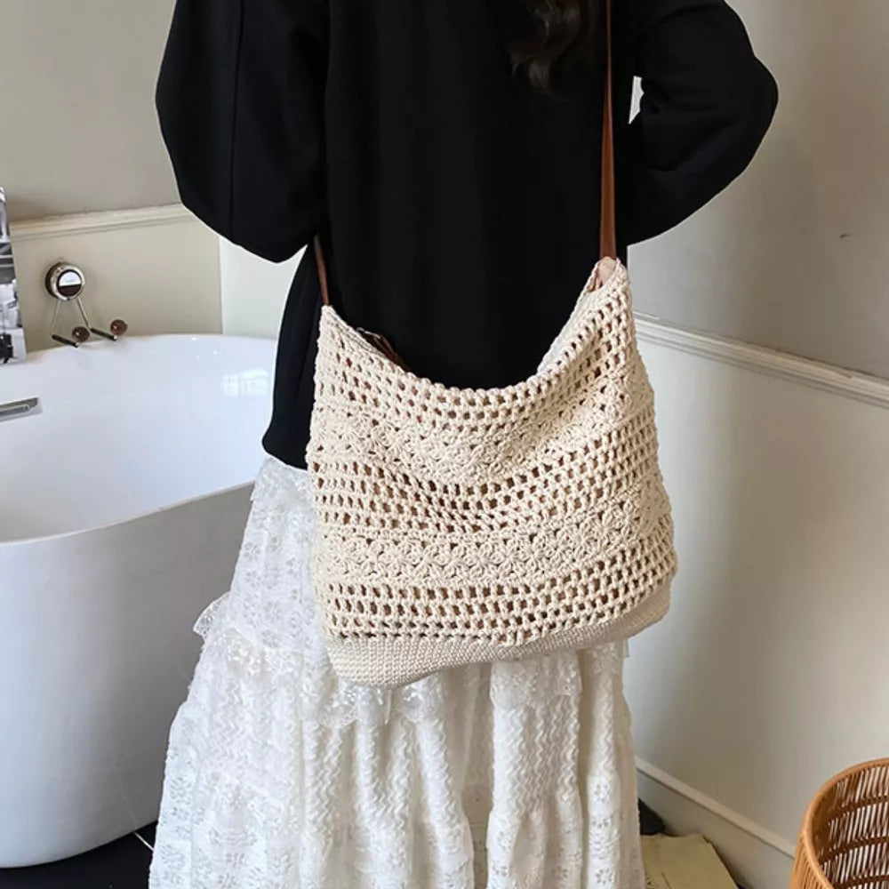Crochet Knit Shoulder Bag in Tan, model styling view