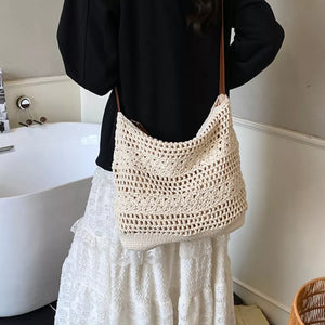 Crochet Knit Shoulder Bag in Tan, model styling view