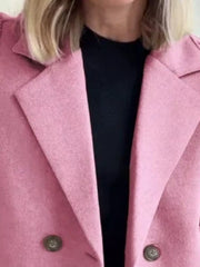Pink double-breasted wool blend blazer with button detail.