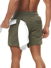 Army green performance fleece jogger shorts with drawcord and back pocket detail.
