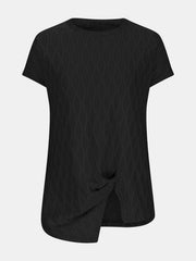 Black textured tee with short sleeves, crew neck, and asymmetric knot-front detail