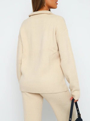 Tan ribbed knit quarter-zip loungewear set with a relaxed fit and matching pants.
