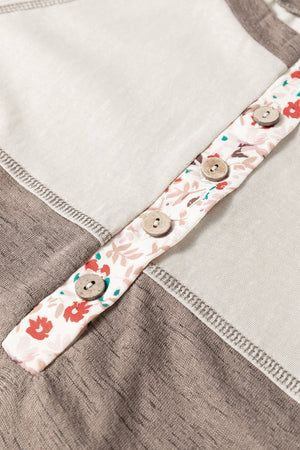 Floral bell sleeve henley top in mocha with wood button detail and patchwork design.