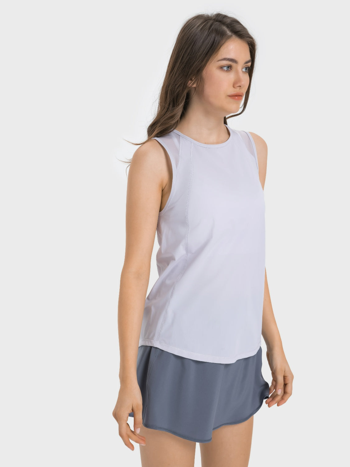 Light Gray mesh-back performance tank top with round neckline and sleeveless cut.