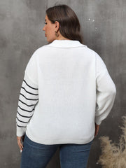 White knit sweater with collar detail and black stripes on sleeves