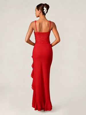 Deep red sequin ruffle maxi gown with spaghetti straps and a ruffled hem.
