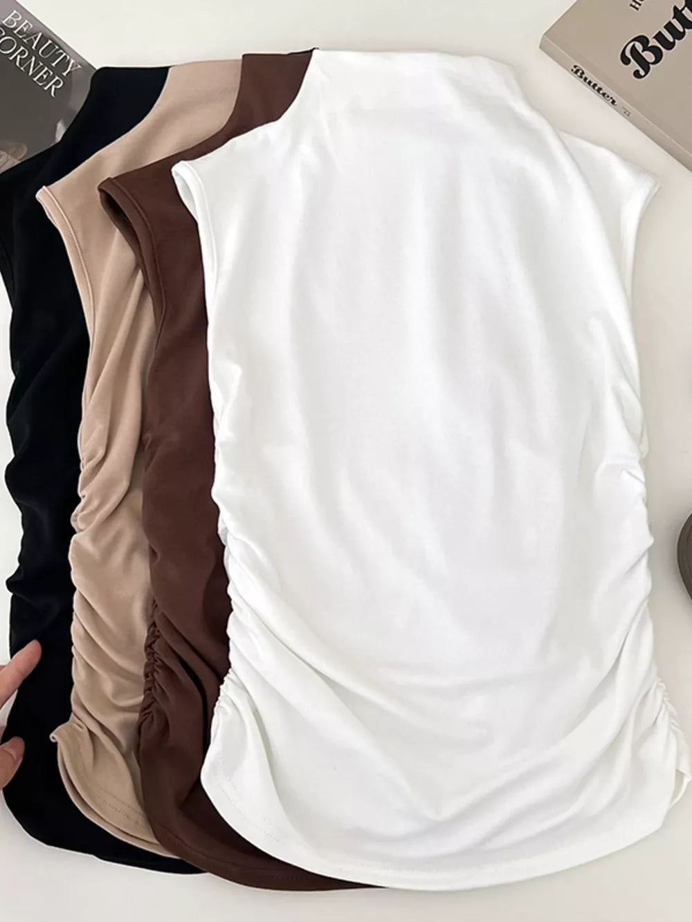 White textured ruching mock neck tank top with draped detail
