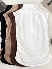 White textured ruching mock neck tank top with draped detail