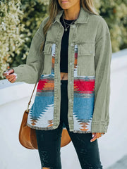 Oversized trucker jacket in sage with Aztec print panels and frayed hem.