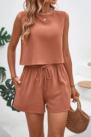 Textured crop top and shorts set in rust with adjustable drawstring waist
