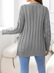 Heather Gray textured cable-knit cardigan with pockets and ribbed trim.