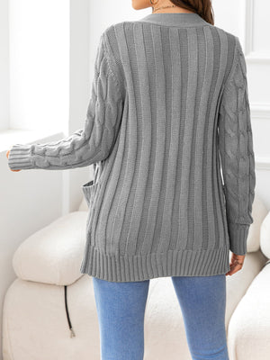 Heather Gray textured cable-knit cardigan with pockets and ribbed trim.