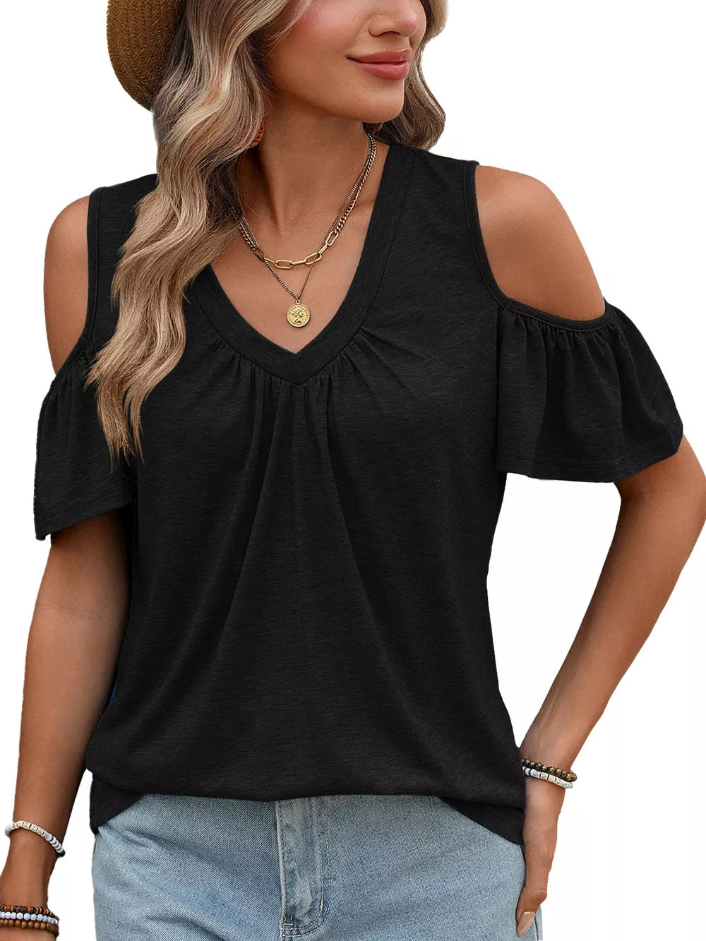 Black ruched cold shoulder t-shirt with v-neck and short sleeves.