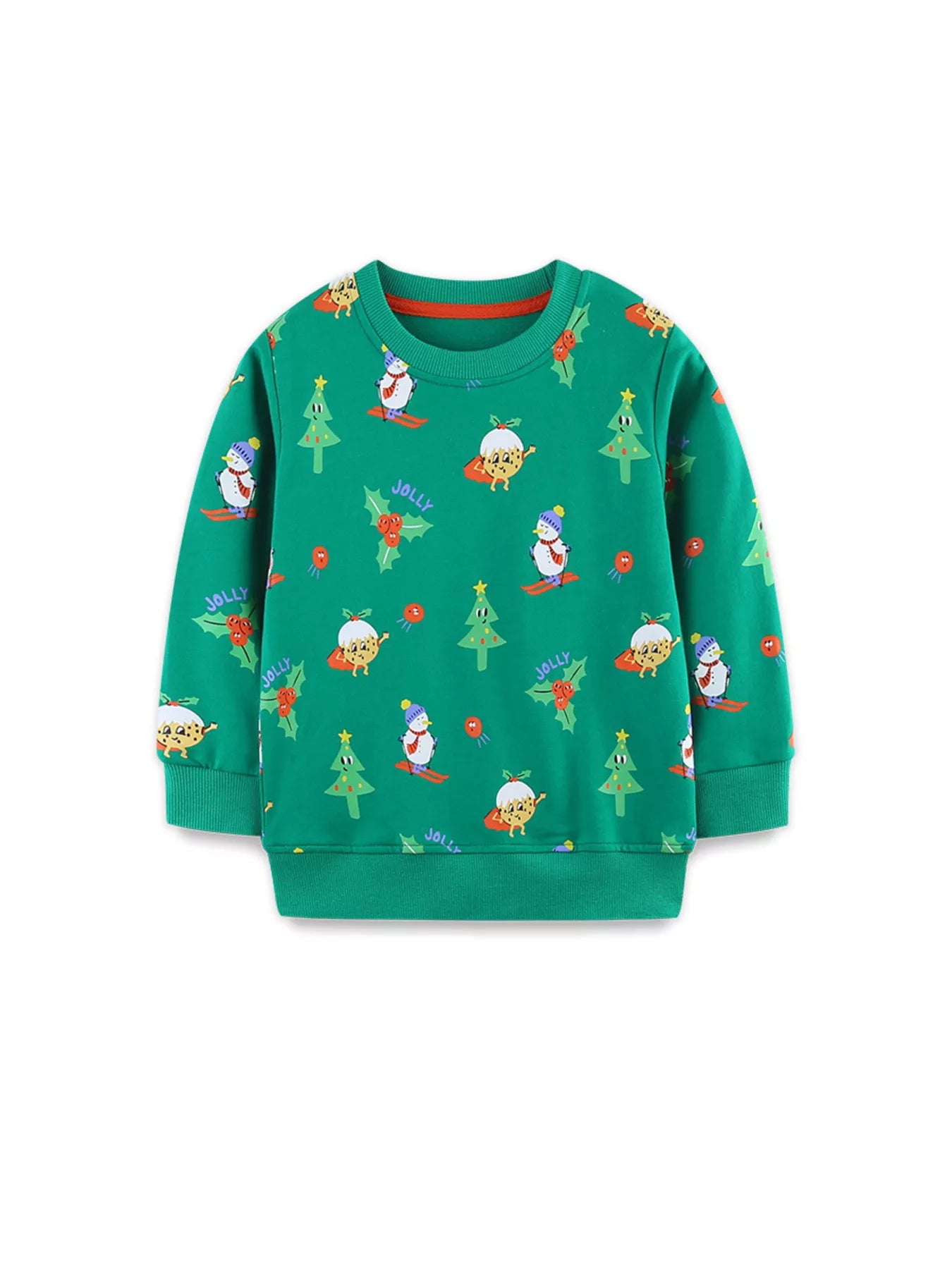 Green cotton kids sweatshirt with festive Christmas print and round neckline.
