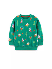 Green cotton kids sweatshirt with festive Christmas print and round neckline.