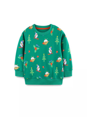 Green cotton kids sweatshirt with festive Christmas print and round neckline.