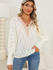 White openwork dolman sweater with lace trim and V-neck, 100% acrylic
