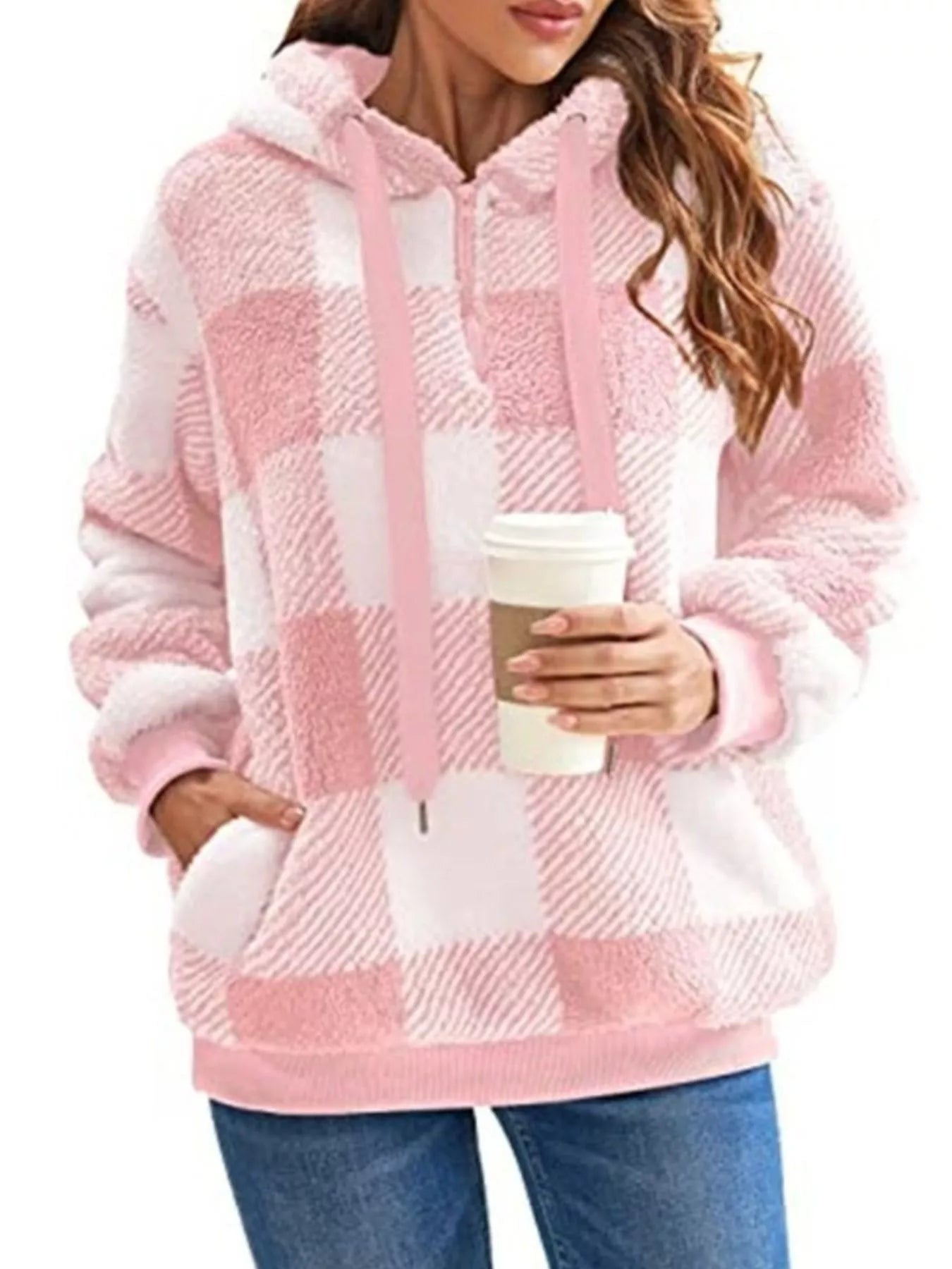 Pink and white plaid sherpa drawstring hoodie with a half-zip and front pocket.