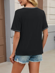 Black short sleeve t-shirt with contrast trim neckline and cuffs.