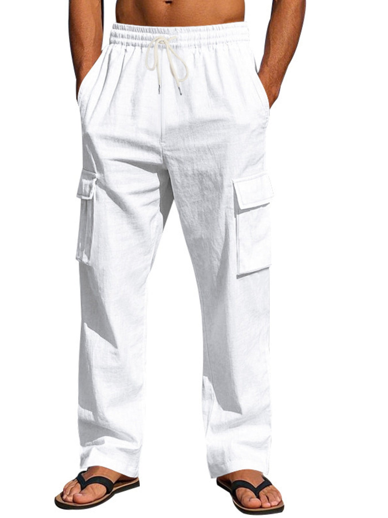 White cargo sweatpants with drawstring waist and side pockets worn by a man.