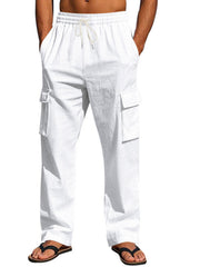 White cargo sweatpants with drawstring waist and side pockets worn by a man.