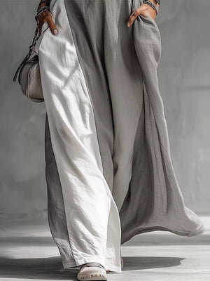 Gray and white two-tone maxi dress with pockets, casual maternity style